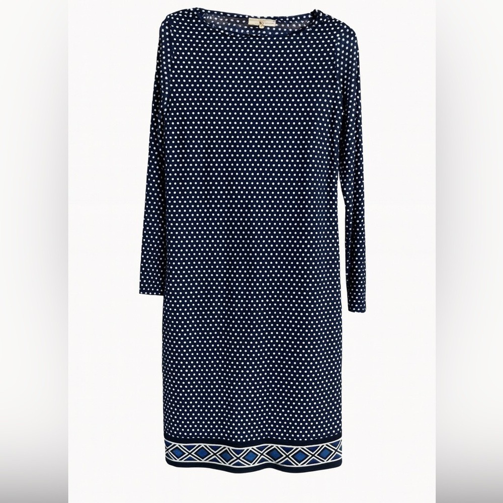 Michael Kors Black Blue Dot Print Dress Medium Geometric Border Office Career